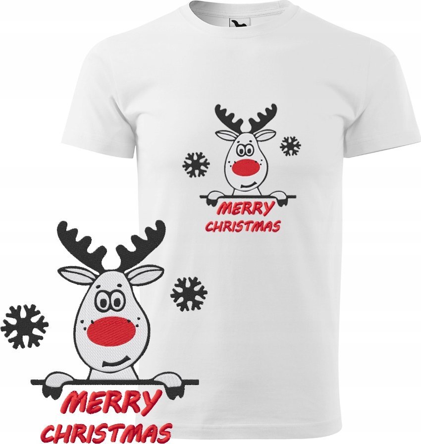KOSZULKA MĘSKA ŚWIĄTECZNA RENIFER BIAŁA L KRÓTKI RĘKAW HAFT PREZENT BAWEŁNA