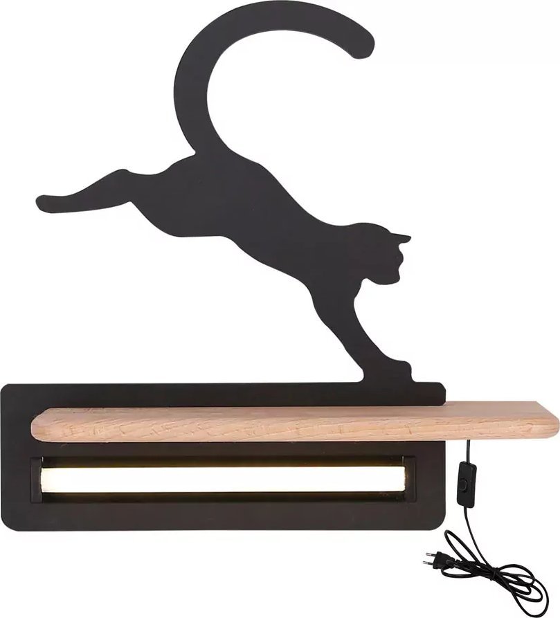 Lumes Czarny kinkiet ścienny z drewnianą półką i wtyczką - K006-Riri