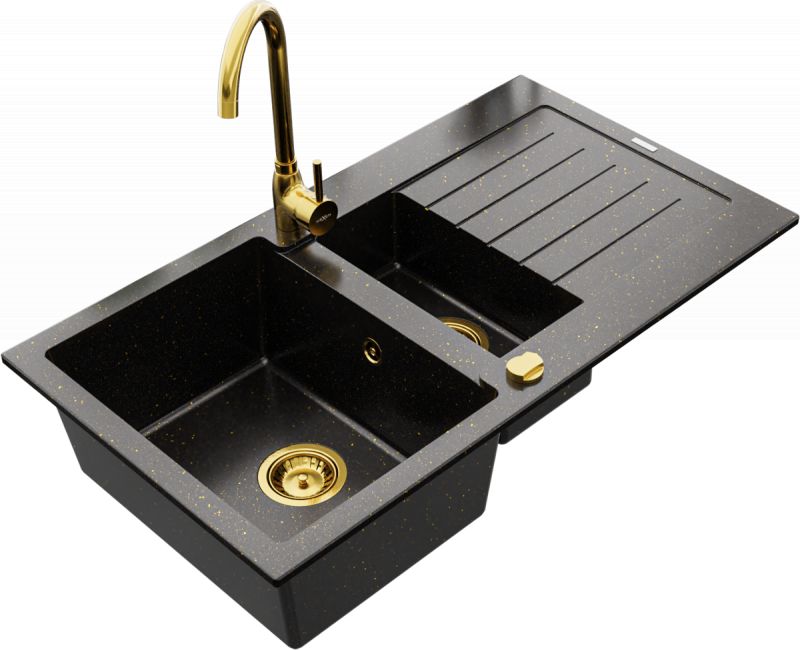 Zlewozmywak Mexen Mexen Matias zlewozmywak granitowy 1,5-komorowy z ociekaczem i baterią kuchenną Telma, czarny/złoty - 6502-75-670200-50