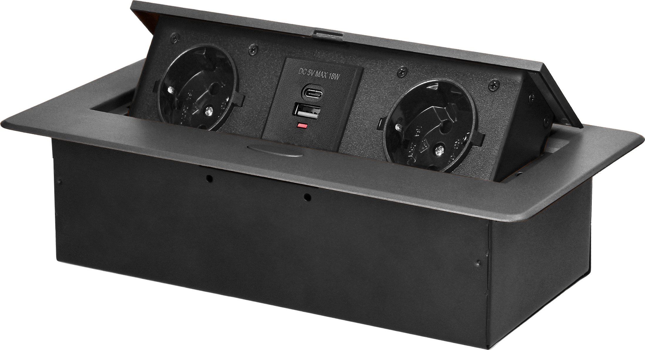 Orno Gniazdo meblowe wpuszczane w blat z płaskim frezowanym rantem i ładowarką USB, 2x2P+Z (Schuko),2xUSB (typ A+C; 3,6A), grafitowe