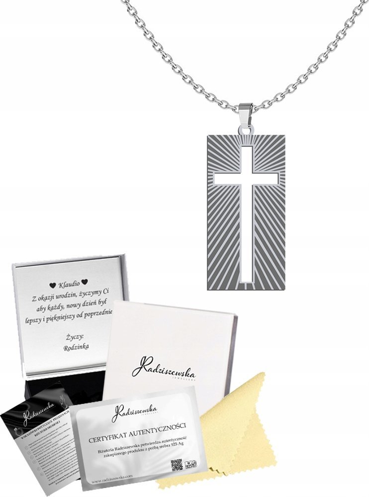 Radziszewska Jewellery Naszyjnik Srebrny Medalik Krzyż Łańcuszek Prezent Komunia ŻYCZENIA GRATIS