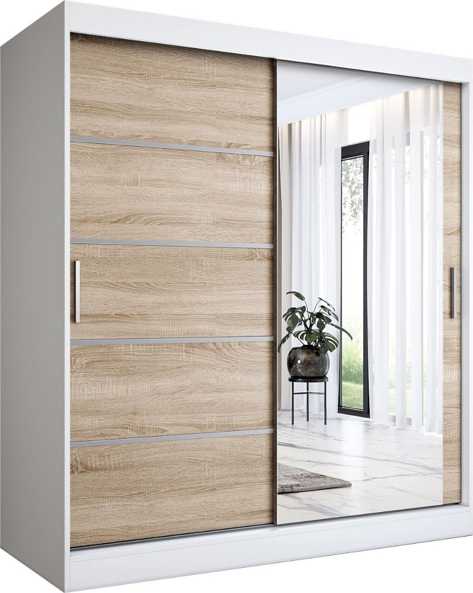 MKPOL Szafa przesuwna MODUO COMFORT 2 180 biała mat/dąb sonoma z lustrem