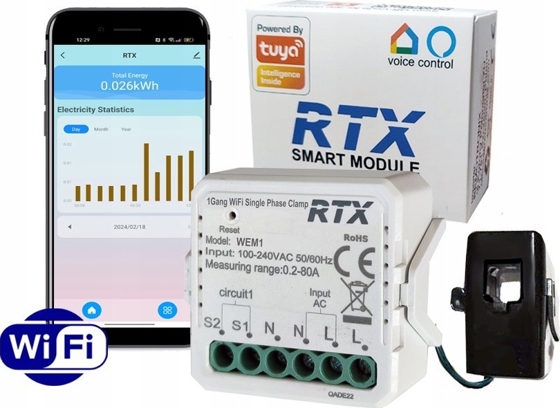 Licznik energii -miernik napięcia prądu mocy z przekładnikiem 80A WiFi Tuya