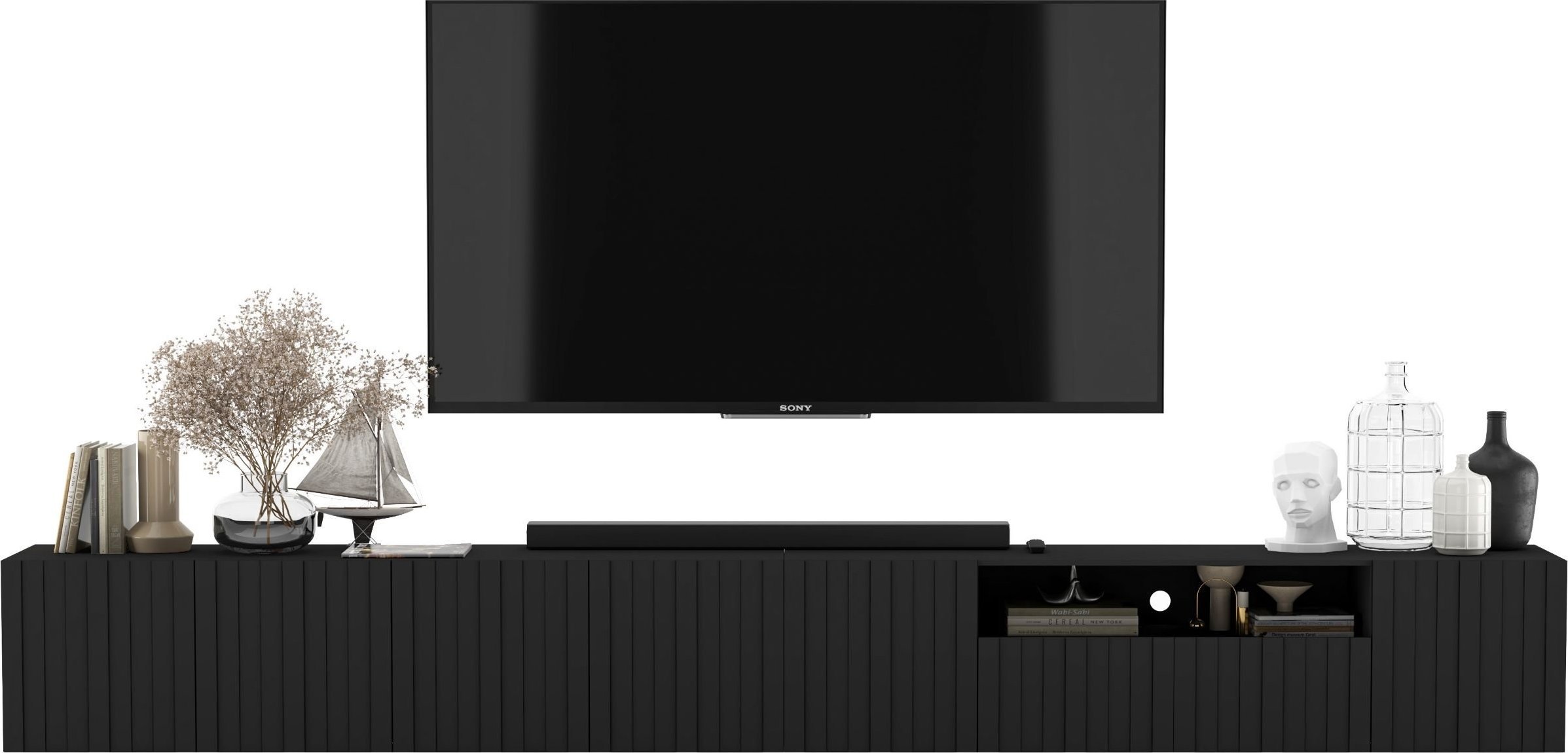 Meble Lindner Nowoczesna Wisząca Szafka RTV Glamour Meble Lindner Komoda RTV Czarny Mat 300 cm