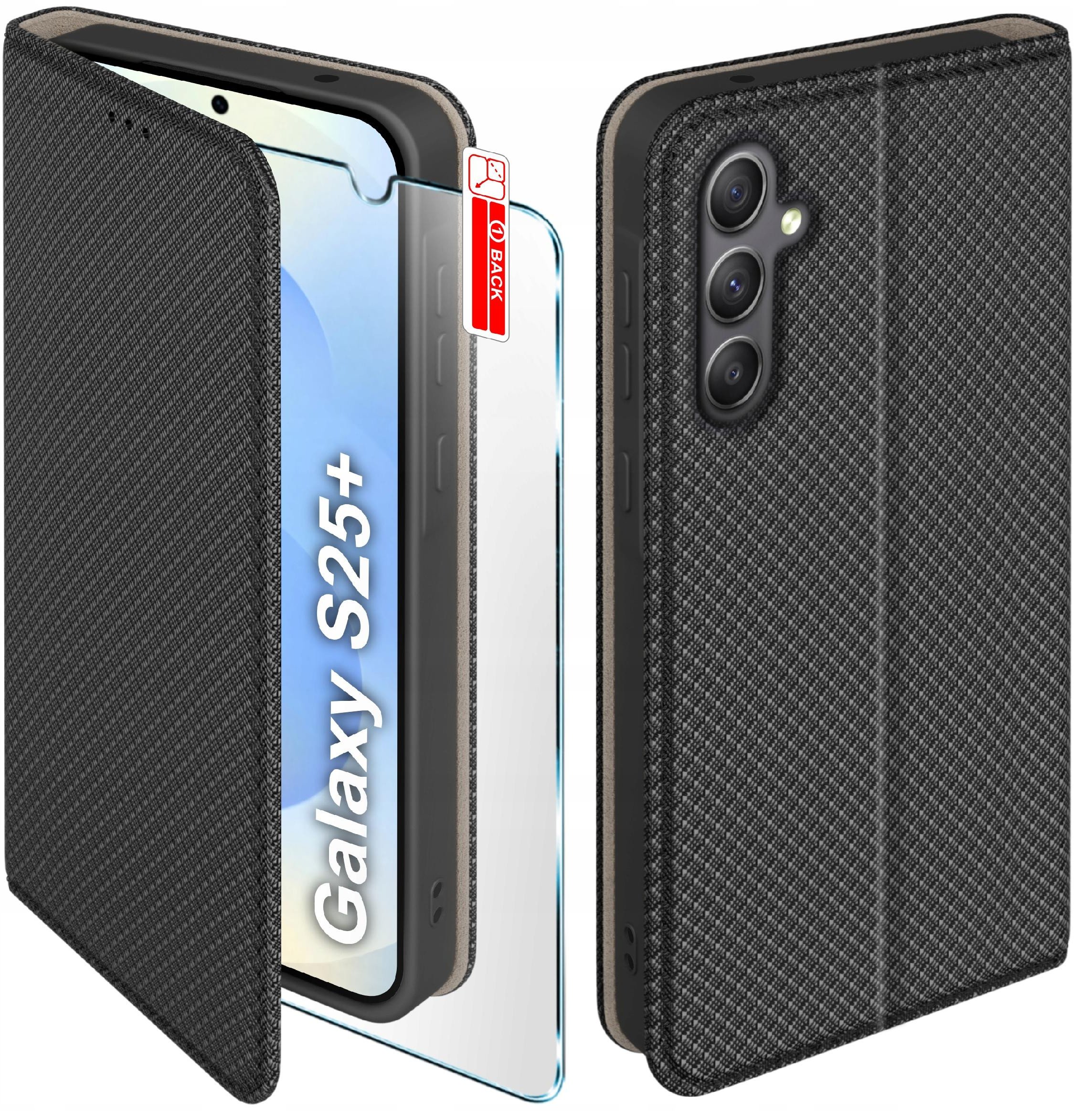 Etui z klapką do Samsung S25+ Plus Zamykane Czarne Futerał + Szkło 9H