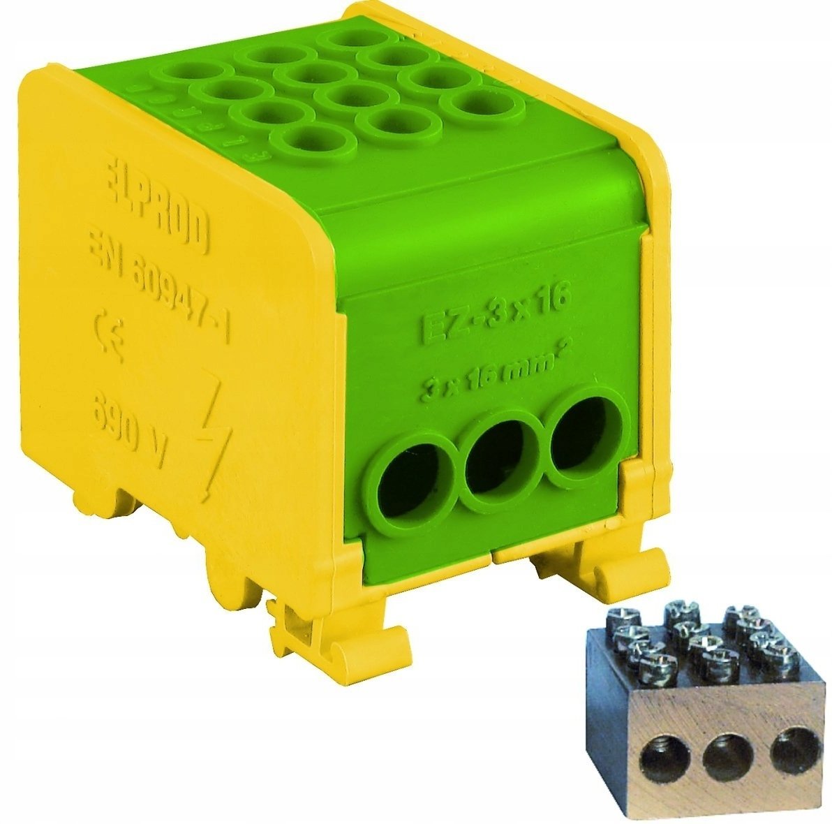 Odgałęźnik instalacyjny 1-torowy (3x16mm/3x16mm) LZ1*16/16/16 mocowanie na TS 35, żółto-zielony 84170009