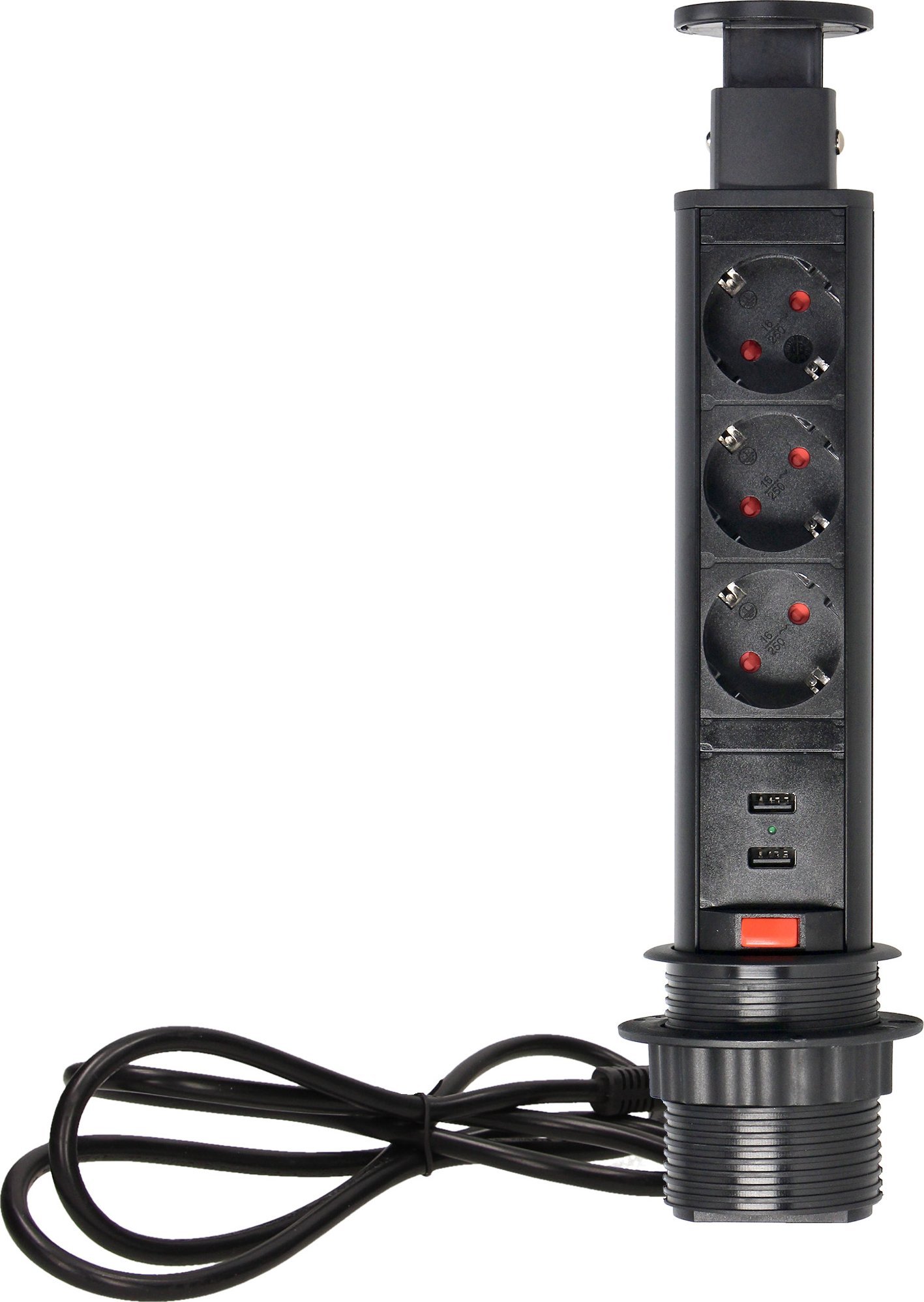 Orno Gniazdo meblowe ?6cm wysuwane z blatu z ładowarką USB, blokadą i przewodem 1,8m, 3x2P+Z (Schuko), czarne