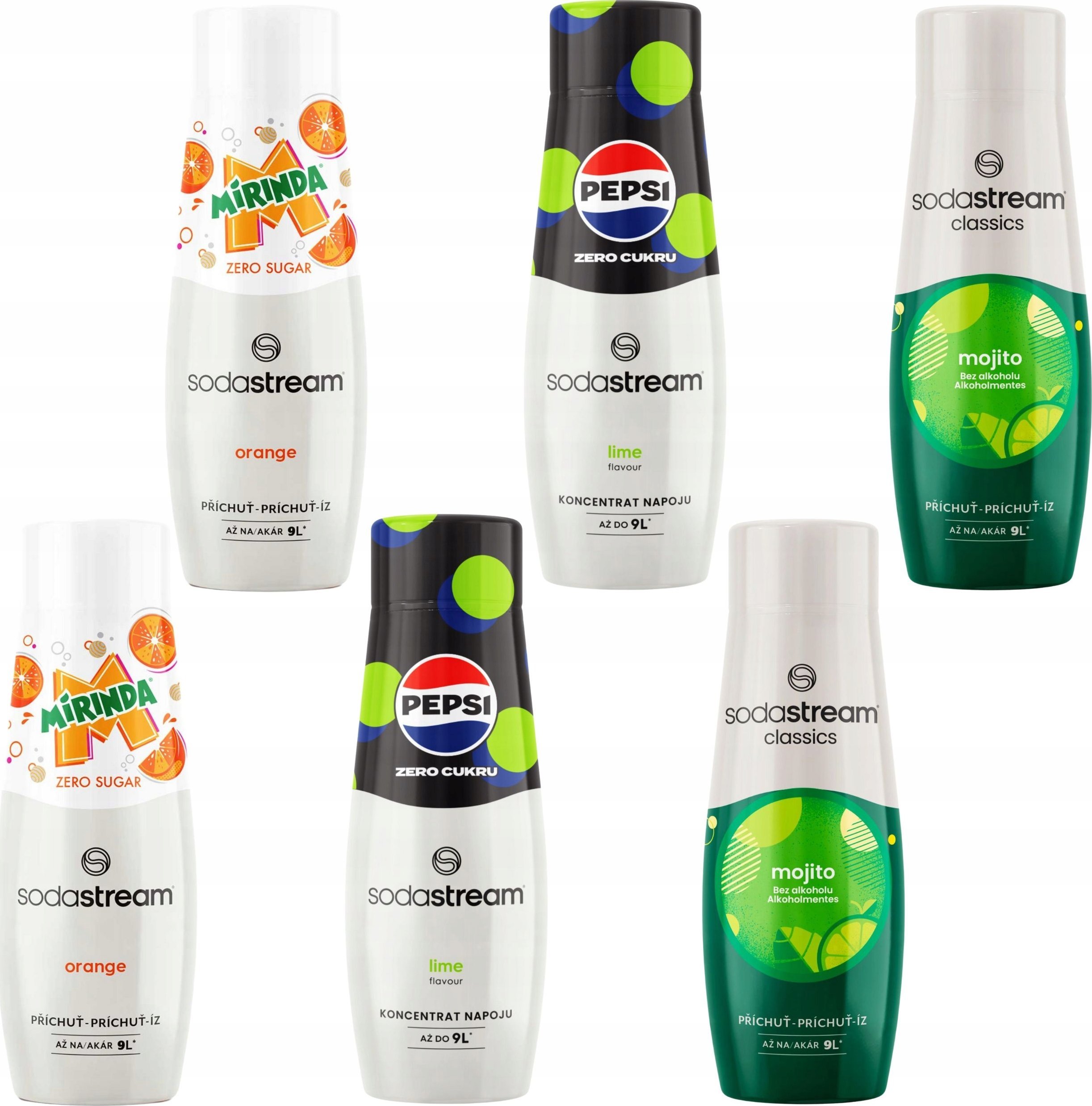 ZESTAW SYROPÓW SODASTREAM 2x PEPSI MAX LIME, 2x MIRINDA ZERO, 2x MOJITO