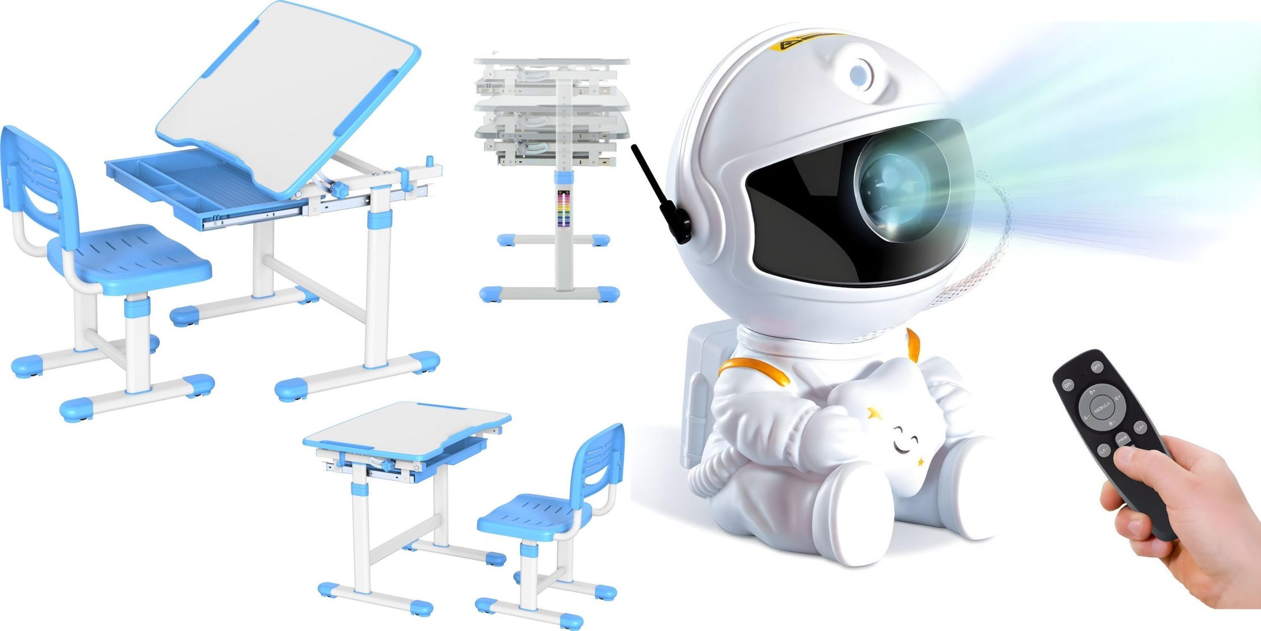 Mozos Mozos Biurko dziecięce krzesło z regulacją (DC-SET-BLUE) + Laserowy projektor gwieździstego nieba HR-F2