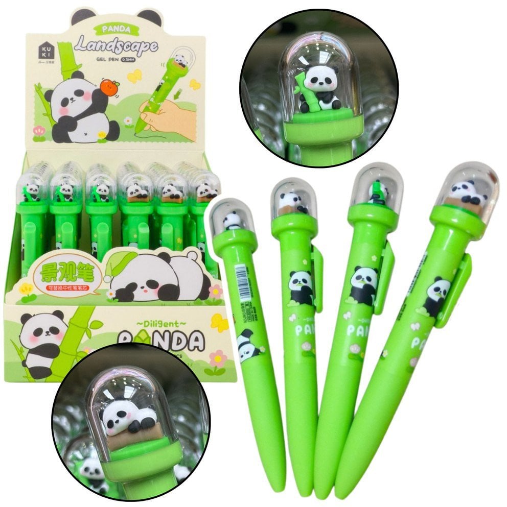 Długopis Żelowy Zielony Panda W Kopule Niebieski Tusz 0.5mm