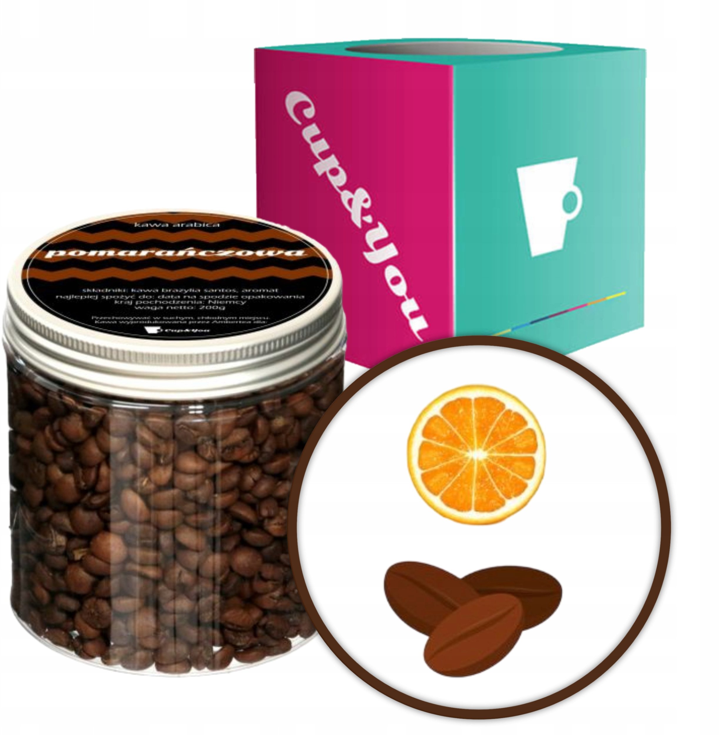 Kawa aromatyzowana o smaku POMARAŃCZY ziarnista ARABICA Cup&You 200g na prezent upominek dla kobiety mężczyzny faceta mamy taty żony męża
