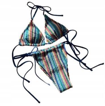 Dwuczęściowy dzianinowy strój kąpielowy z wiązaniami w paski niebieski L