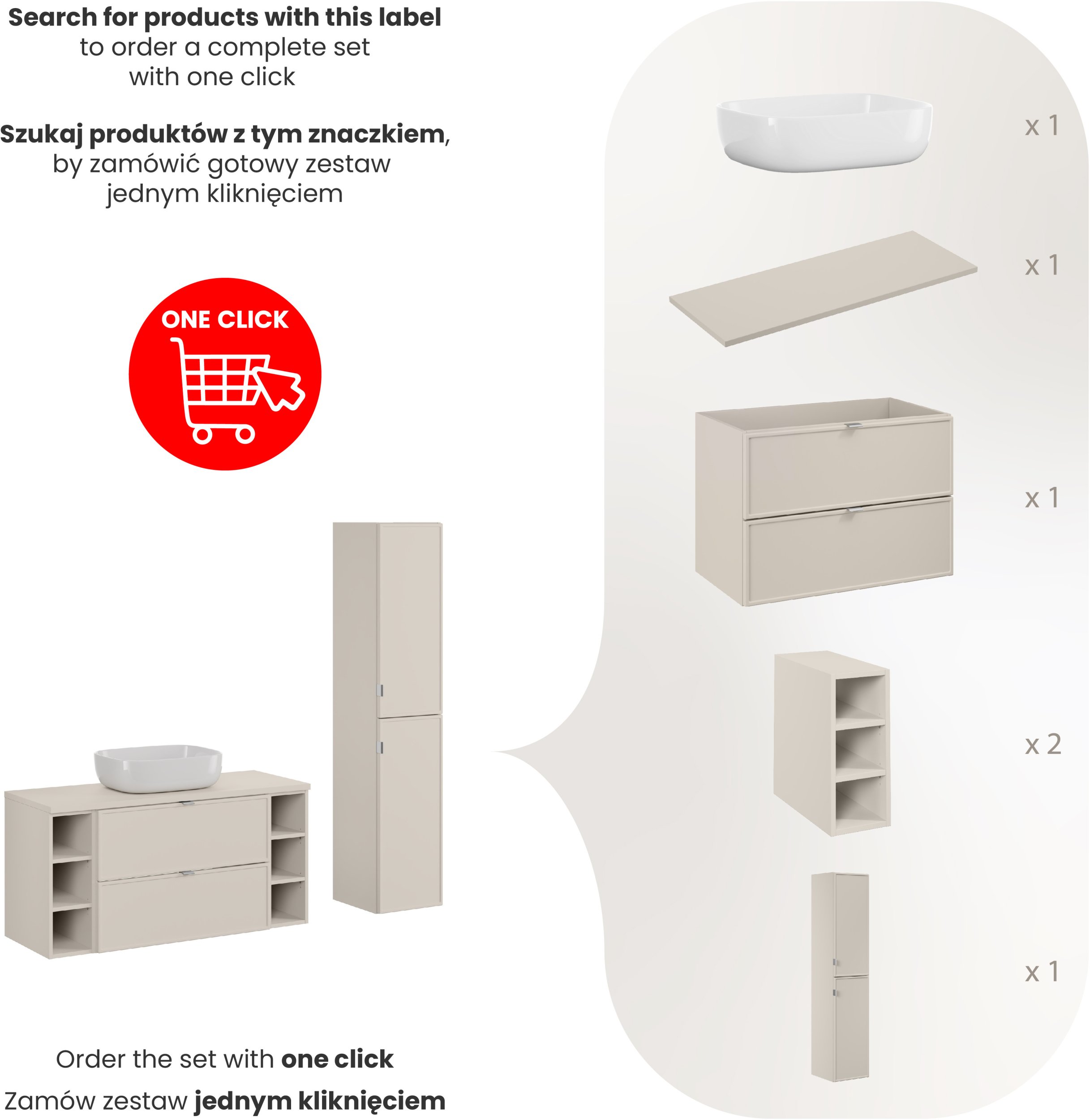 Zestaw meblowy 120cm z blatem, umywalką nablatową Smile i szafką wysoką