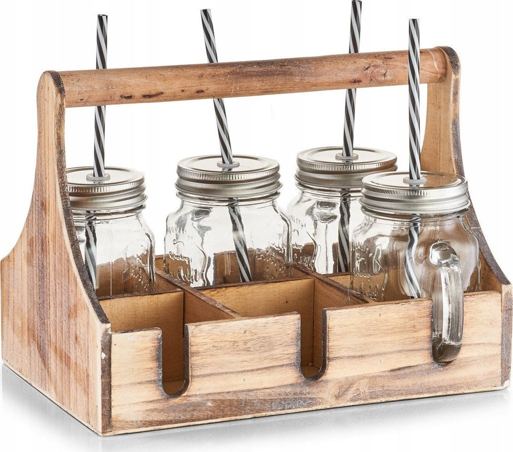 Zeller Skrzynka na słoiki do napojów + 6 x słoik ze słomką, drewniana, ZELLER