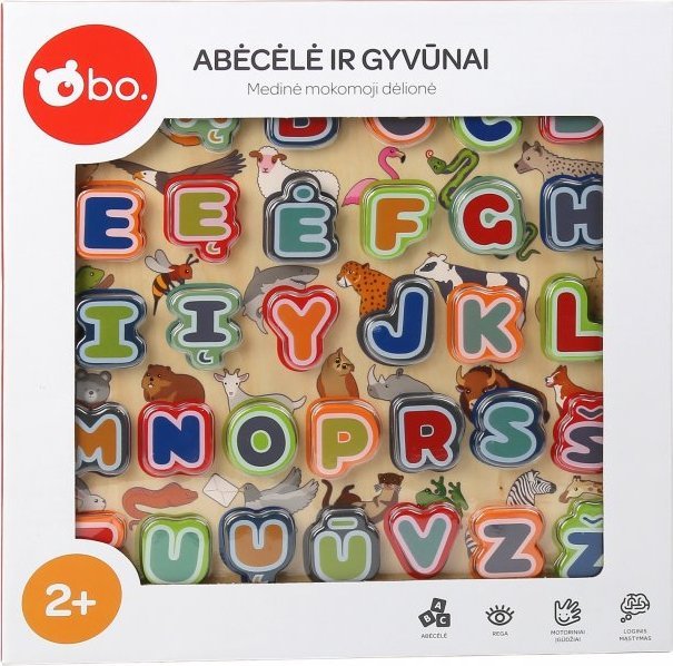 bo. Educational wooden puzzle "Alphabet and animals" (In Lithuanian lang.)