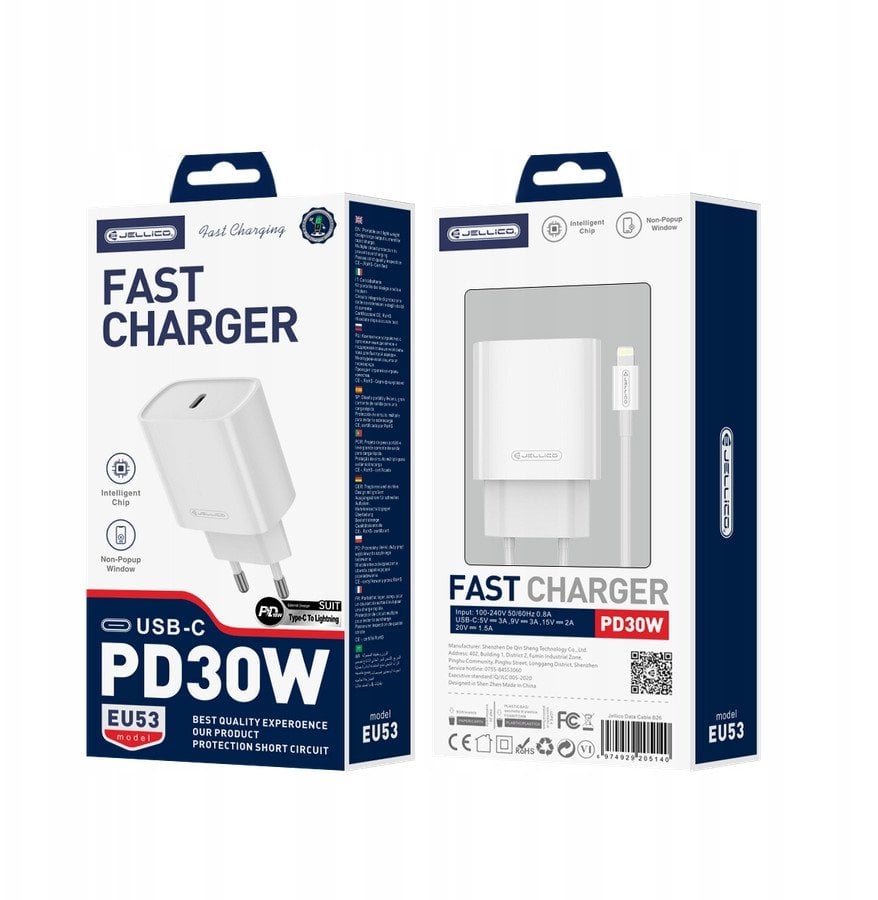 JELLICO ładowarka sieciowa EU53 PD 30W 1xUSB-C + kabel USB-C - USB-C Biały