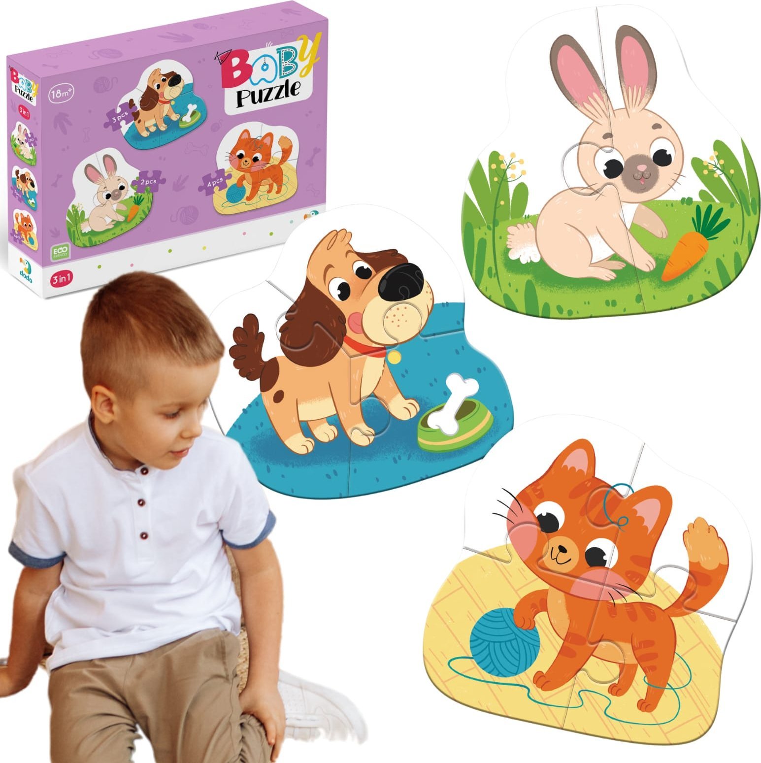 Puzzle 3w1 2-3-4 Elementy "Zwierzaki" Trzy Układanki Zwierzęta Domowe