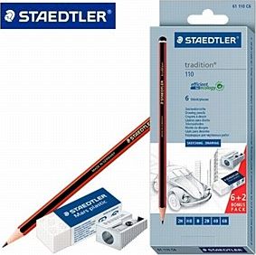 Staedtler Zestaw 6 ołówków TRADITION (różne stopnie miękkości i twardości) + gumka + temperówka