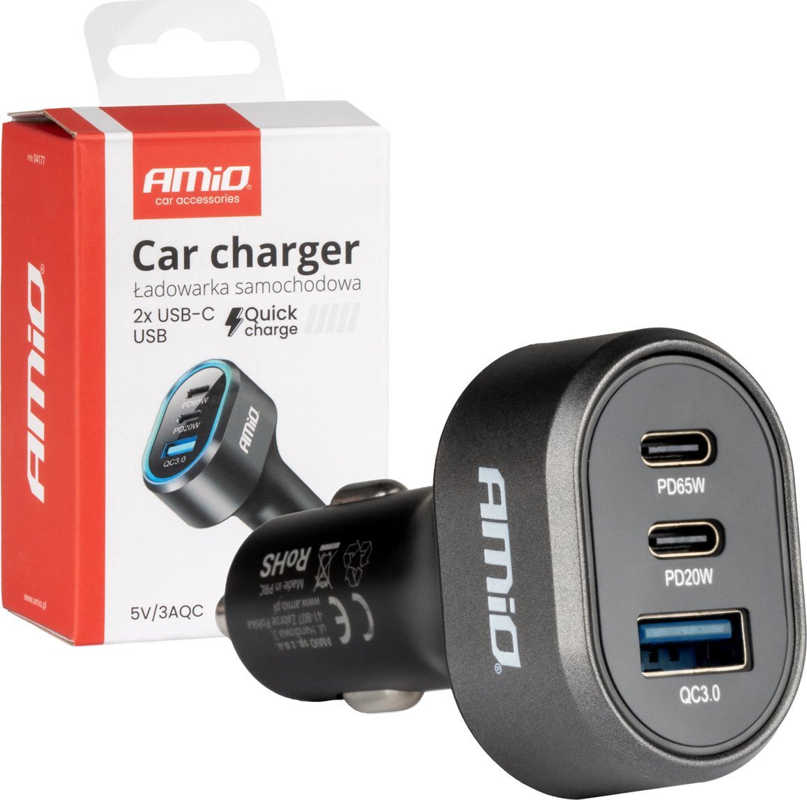 Ładowarka AMiO Szybka ładowarka samochodowa 85w qc3.0 pd65w pd20w 2x usb-c 1x usb-a amio-04177
