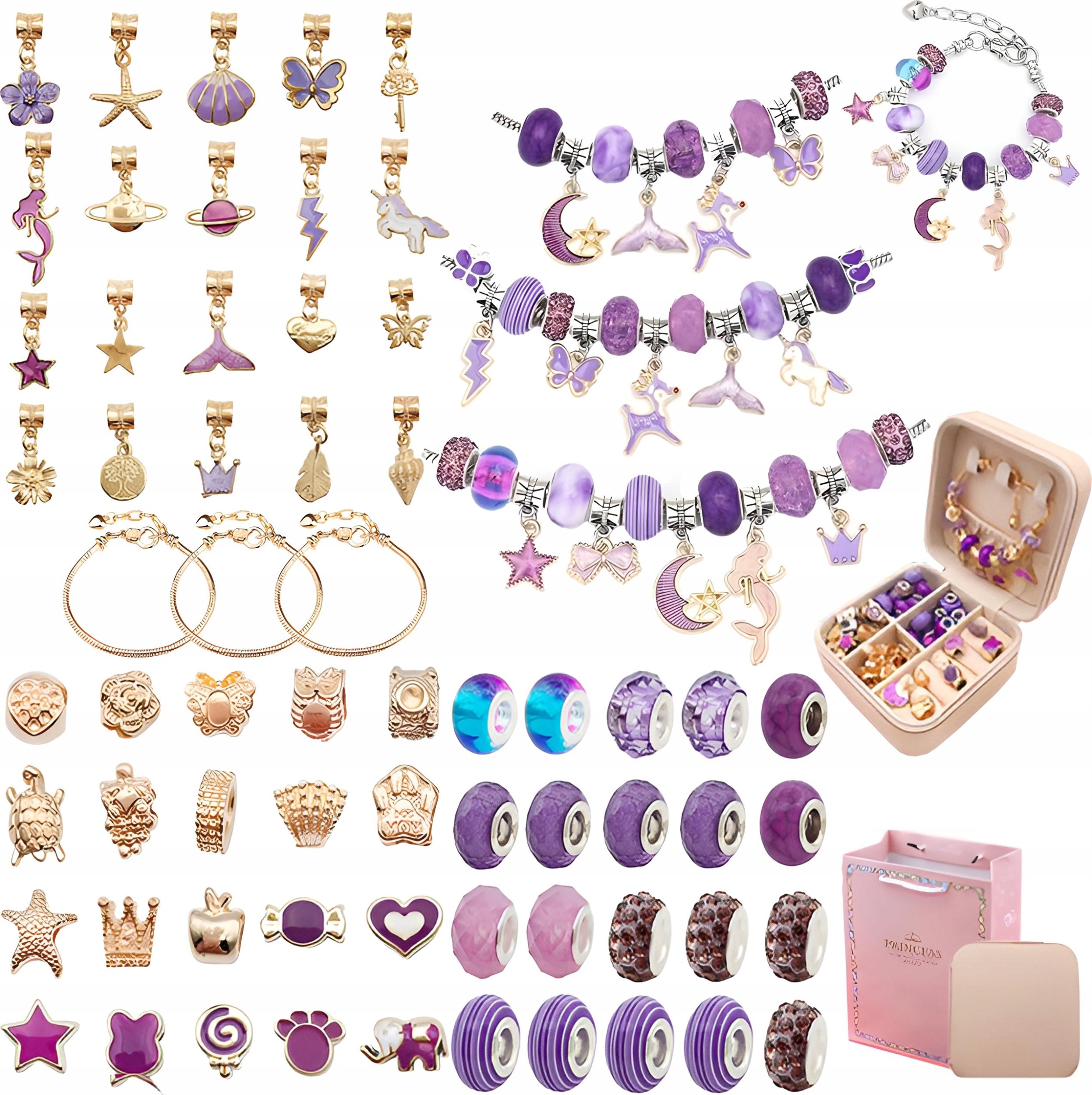 Zestaw Do Tworzenia Robienia Biżuterii, Bransoletek, Charmsy, Zawieszki, Koraliki ODCIENIE FIOLETU