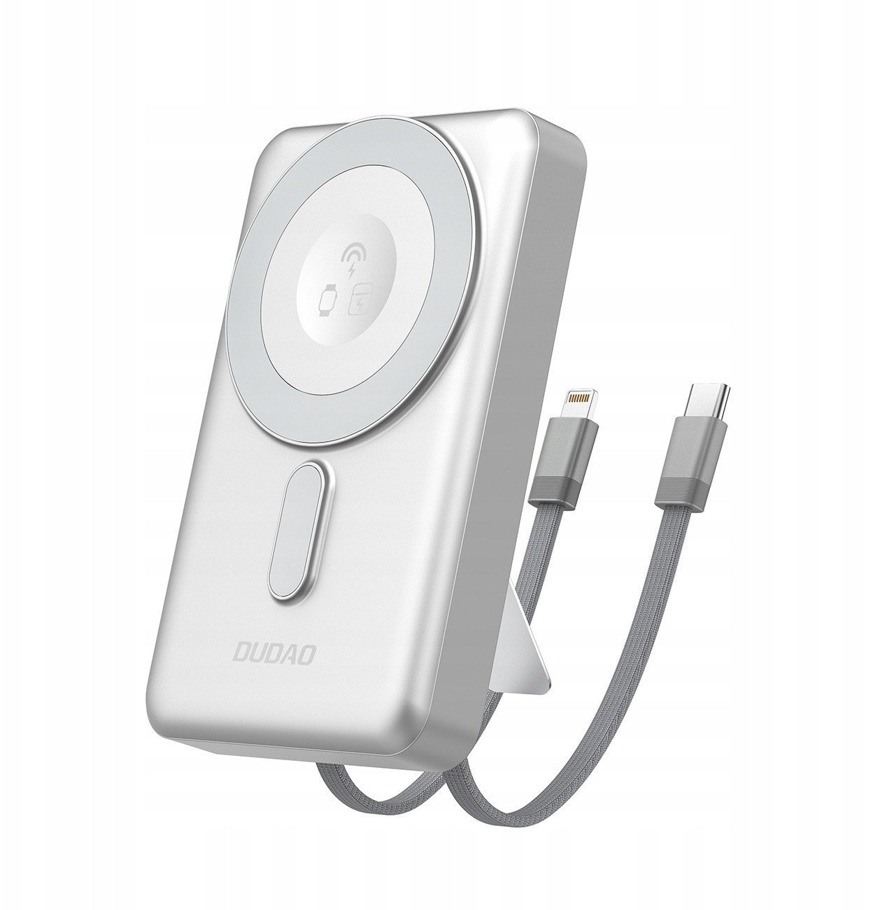 Powerbank Dudao K29 10000mAh PD 20W z MagSafe z metalową obudową, podstawką i wbudowanymi kablami USB-C/Lightning - srebrny
