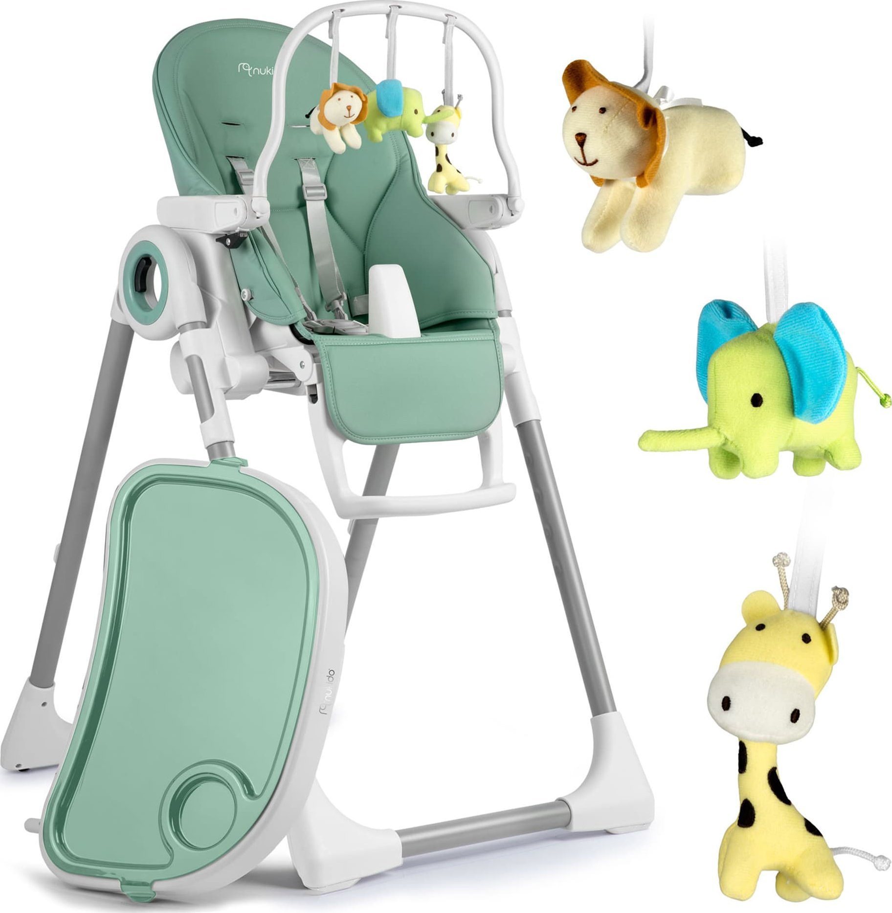 Ricokids Krzesełko do karmienia ze stolikiem, leżaczek Belo zielone + pałąk z zabawkami