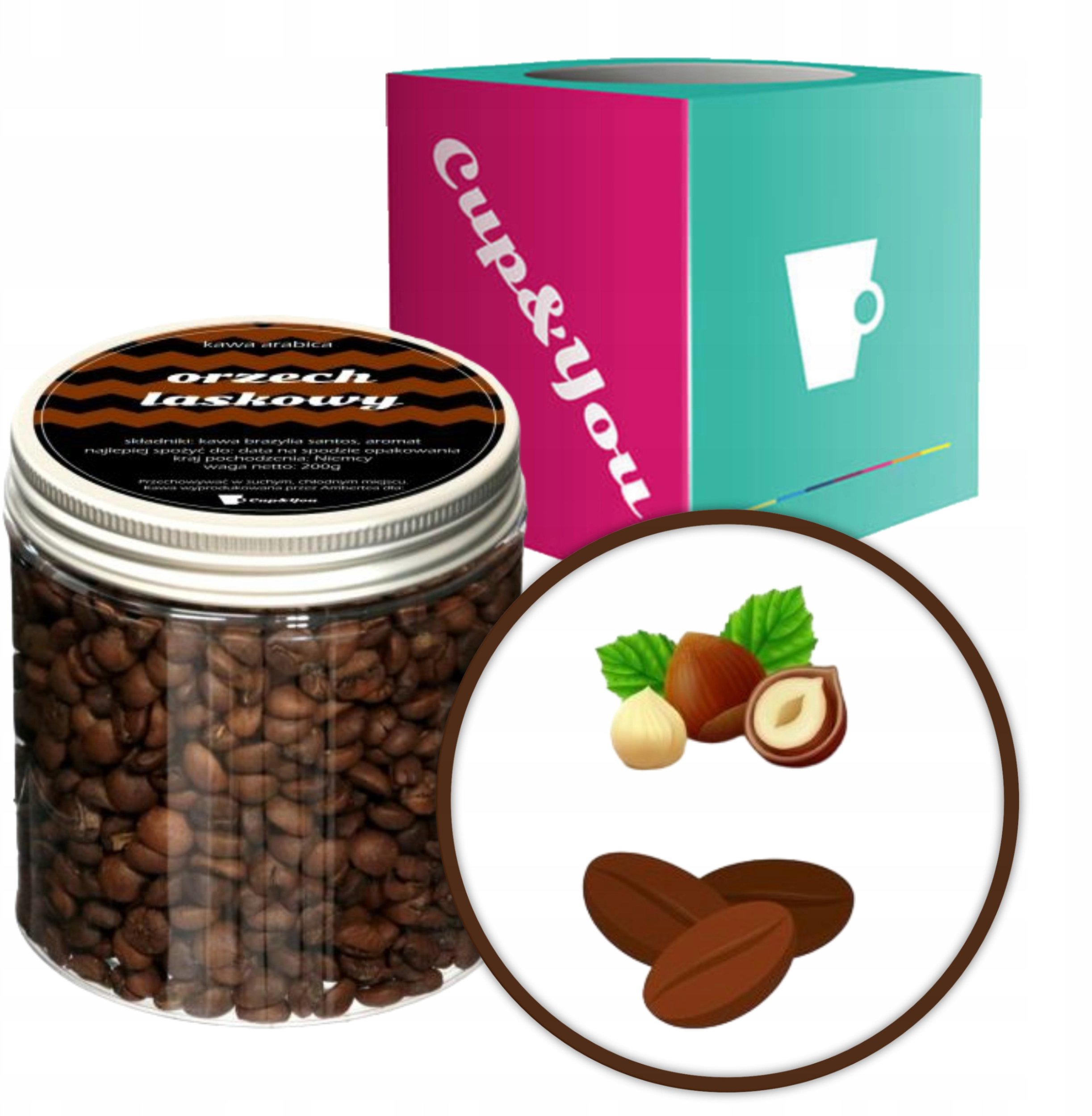 Kawa aromatyzowana smakowa ORZECH LASKOWY ziarnista ARABICA Cup&You 200g na prezent upominek dla kobiety mężczyzny faceta mamy taty żony męża