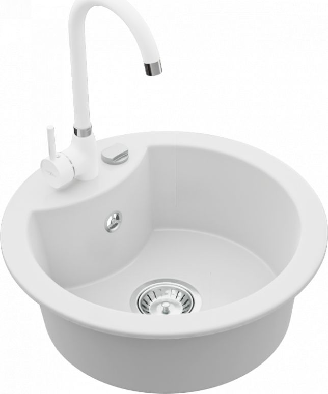 Zlewozmywak Mexen Diego granitowy 1-komorowy z baterią kuchenną Telma, biały - 6512-20-670200-20