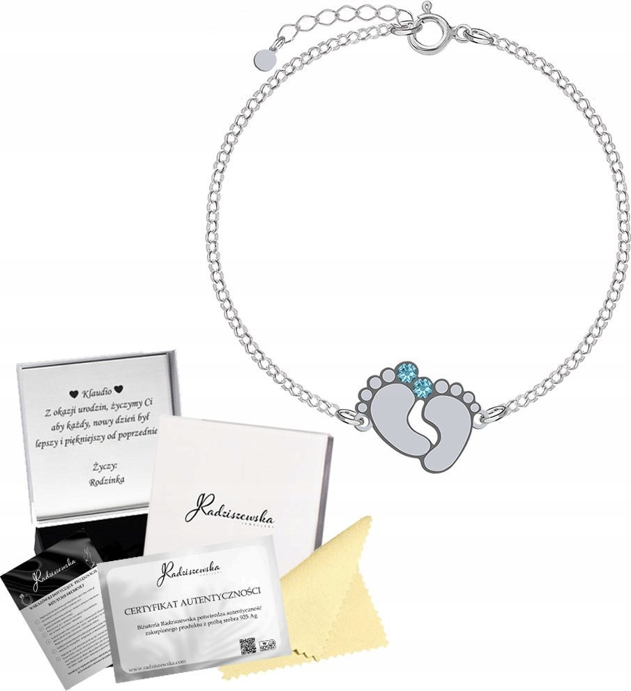 Radziszewska Jewellery Bransoletka Srebrna ze STÓPKAMI DZIECKA Imię Dziecka Prezent GRAWER GRATIS