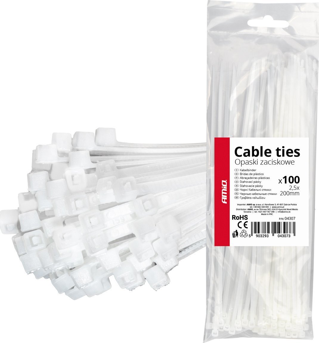 Opaski zaciskowe białe 2.5×200mm 100 szt. amio-04307