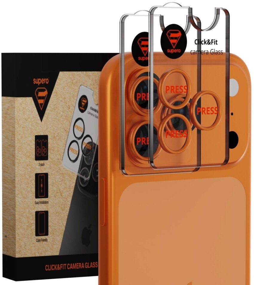 Osłona szkło hartowane na aparat Supero Click&Fit do iPhone 17 Pro / 17 Pro Max, pomarańczowe, 2 szt. z aplikatorem
