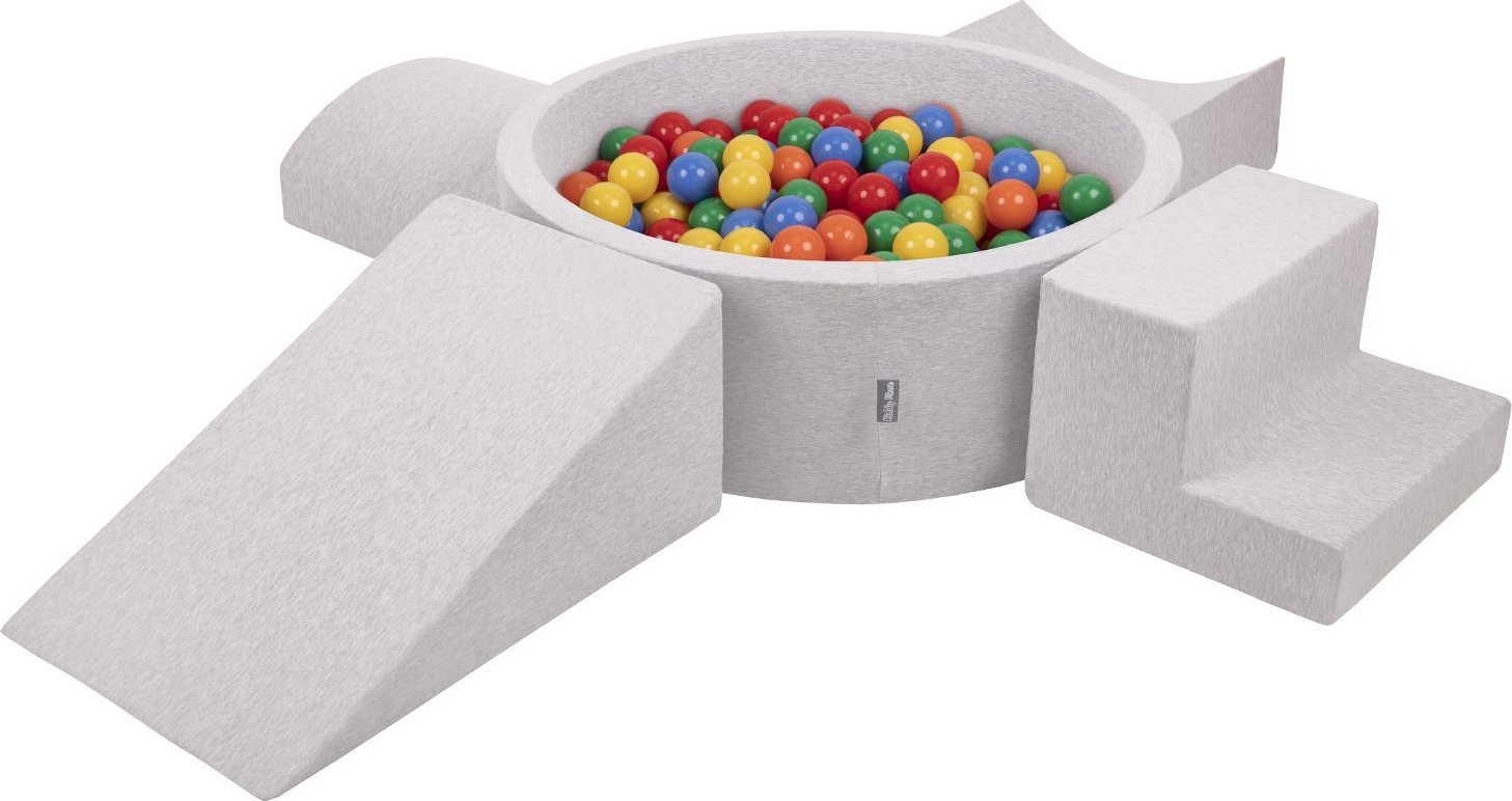 KiddyMoon KiddyMoon Piankowy plac zabaw PPZP-OK30D-115 z piłeczkami jasnoszary: żółty-zielony-niebieski-czerwony-pomarańcz basen 300/klin L/rampa L/pó