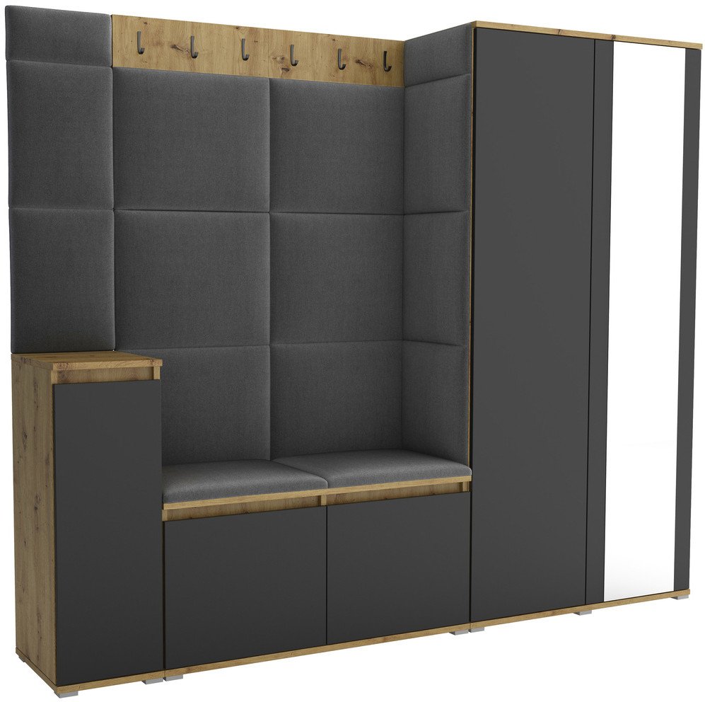 Tapicerowana garderoba Noris VIII z lustrem - kolor artisan z czarnym frontem + tkanina Trinity 15