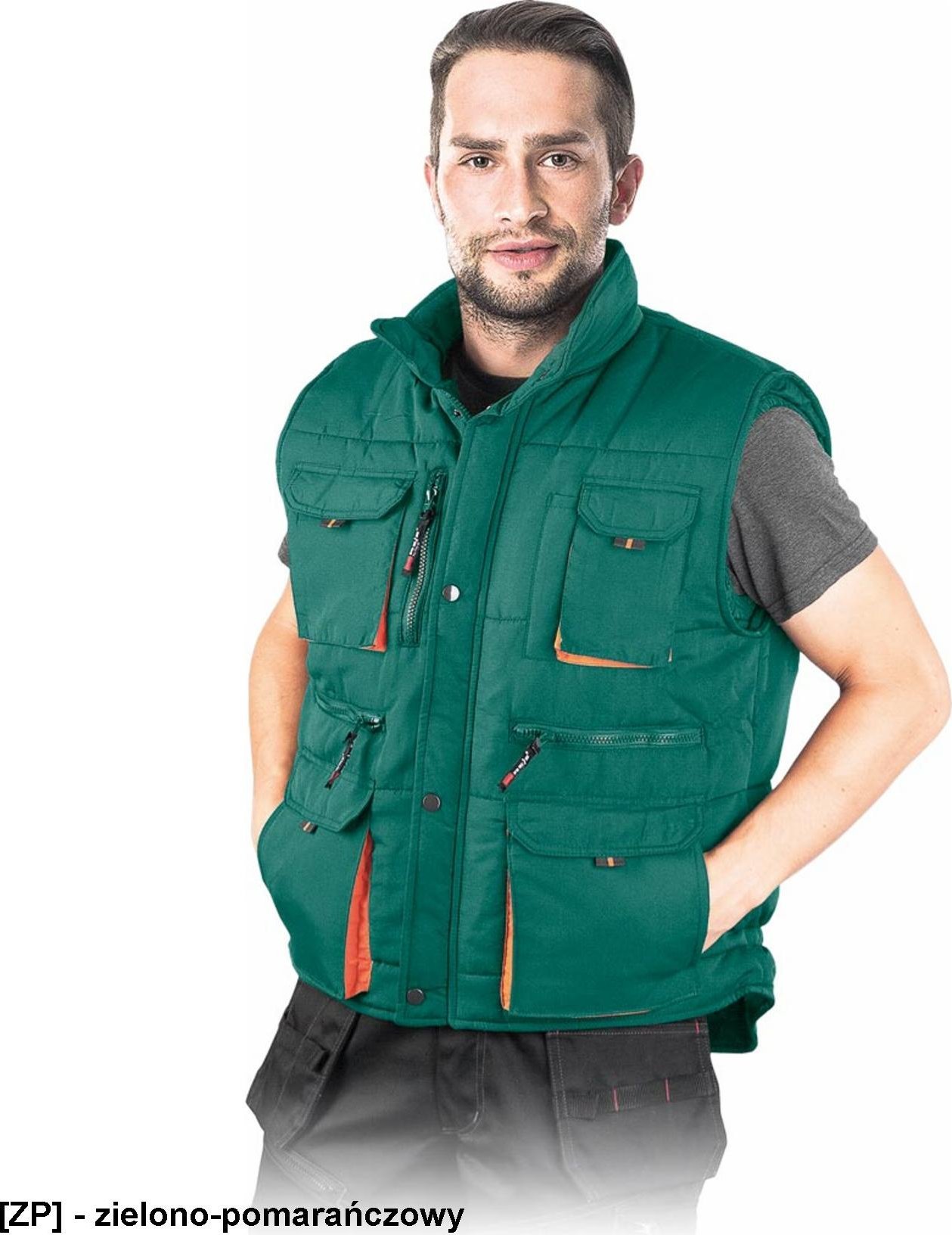 R.E.I.S. KORMORAN2 - bezrękawnik ocieplany z dużą ilością kieszeni - zielono-pomarańczowy XL