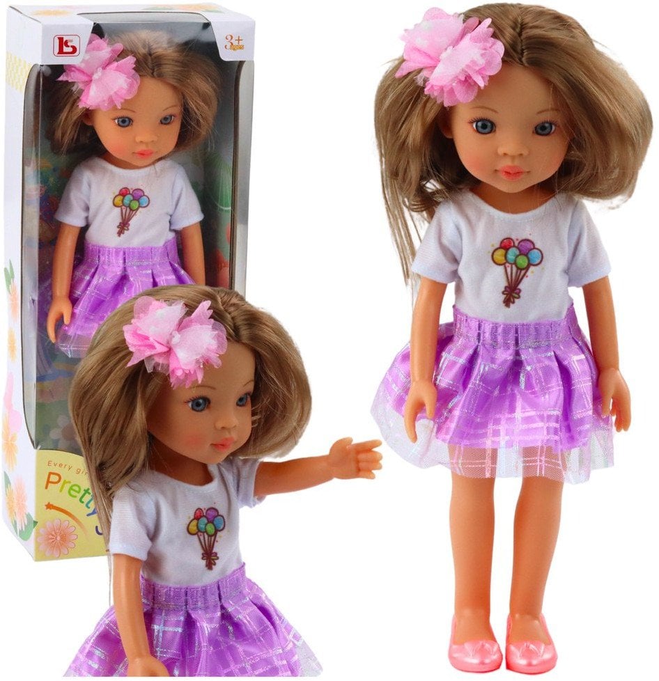 Lalka W Fioletowej Sukience Długie Brązowe Włosy Spinka Kwiat LEAN Toys