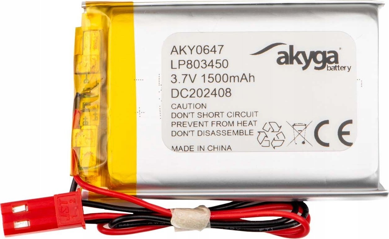 Akumulator Li-Po LP803450 Akyga AKY0647 3.7V / 1500mAh PCM złącze JST 2-Pin 150mm