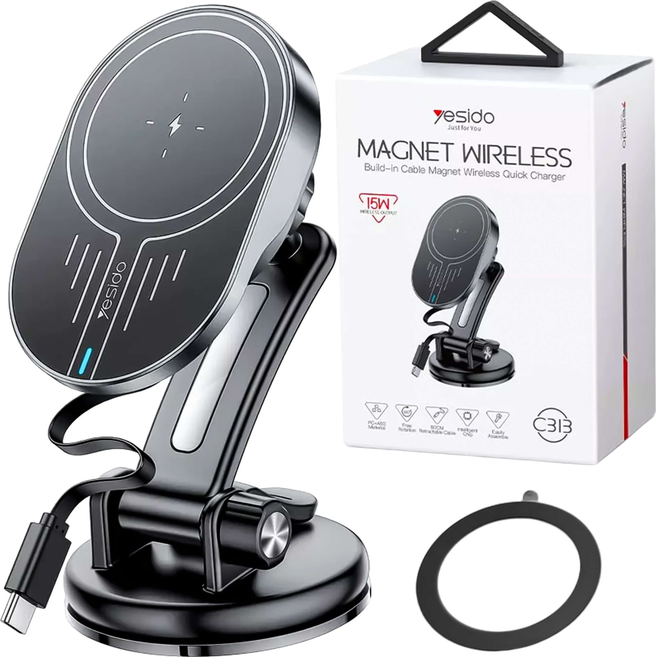 Yesido Uchwyt samochodowy magnetyczny z ładowarka indukcyjna Qi 15W Yesido C313 na kokpit samochodu auta do telefonu Czarny
