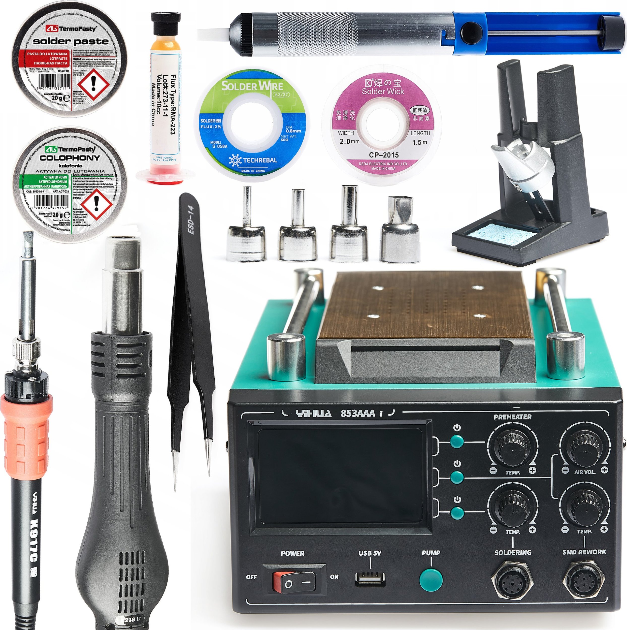 Zestaw Stacja Lutownicza 3w1 Yihua 853AAA-I Cyna Topnik Pasta Akcesoria
