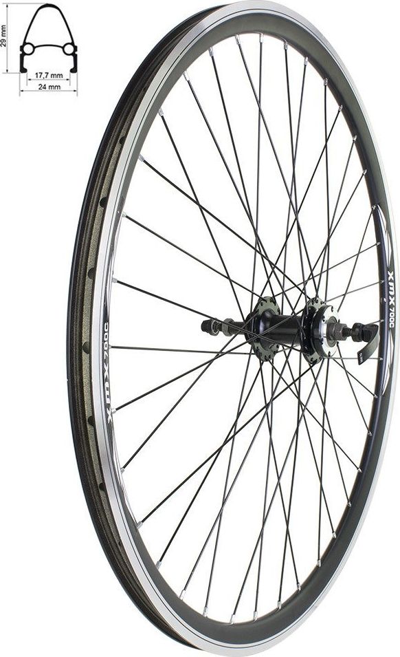 XMX Koło tylne 28 piasta na łożyskach maszynowych SF-B07 z szybkozamykaczem, pod hamulec tarczowy 6 śrub, wolnobieg nakręcany, obręcz stożkowa, czarne