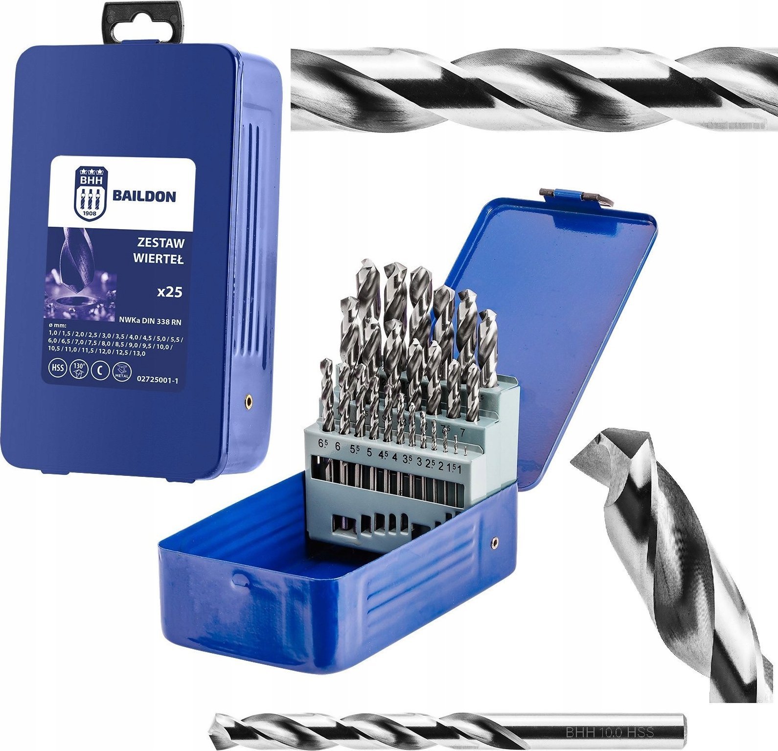 Komplet wierteł do stali i żeliwa NWKa M-25, 1,0-13,0 mm, szlifowane, HSS (25 szt.)
