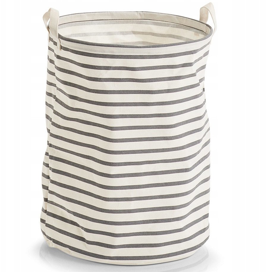 Praktyczny kosz na bieliznę, składany, dwa uchwyty do przenoszenia, 100% bawełna, kolor biały w szare poziome paski, marki Zeller