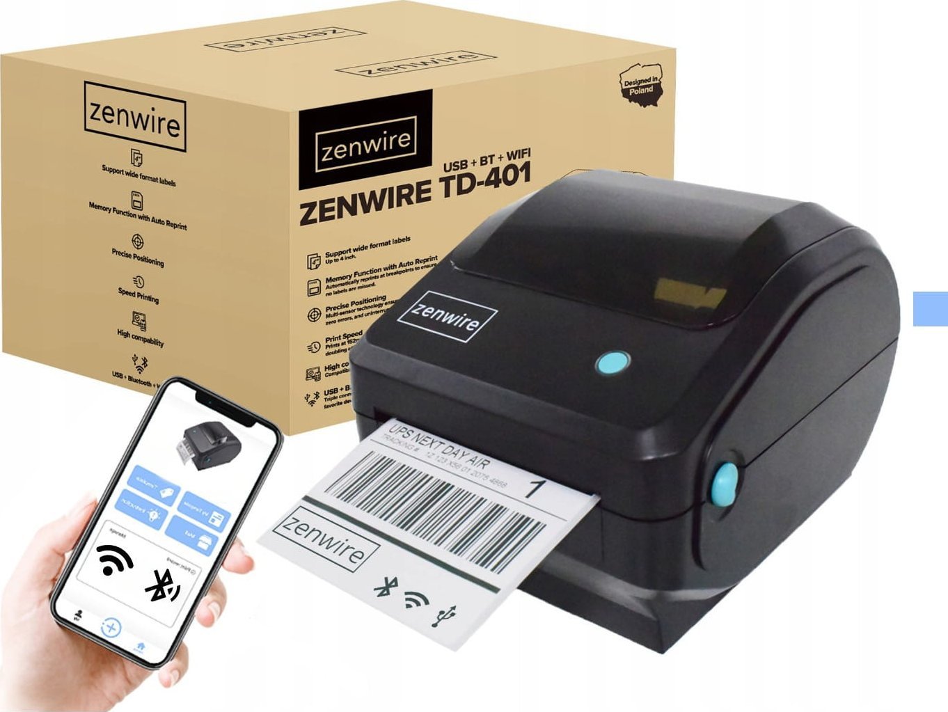 Mini Drukarka Termiczna Etykiet Kurierskich Samoprzylepnych 100x150 USB Bluetooth Wifi Zenwire TD-401