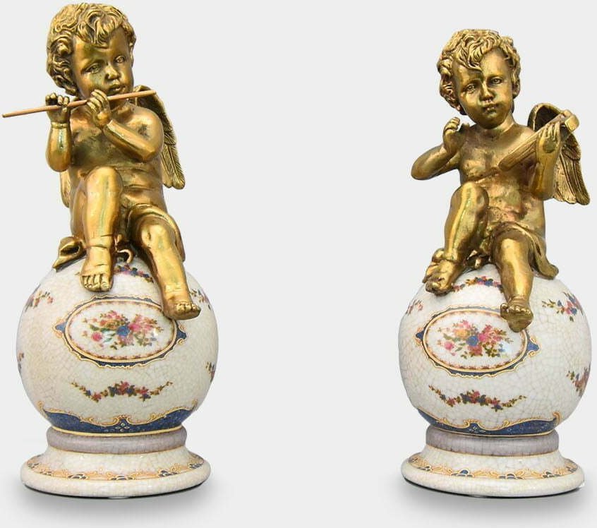 rzezbyzbrazu Zestaw Figurek Aniołków z Brązu na Porcelanowych Kulach