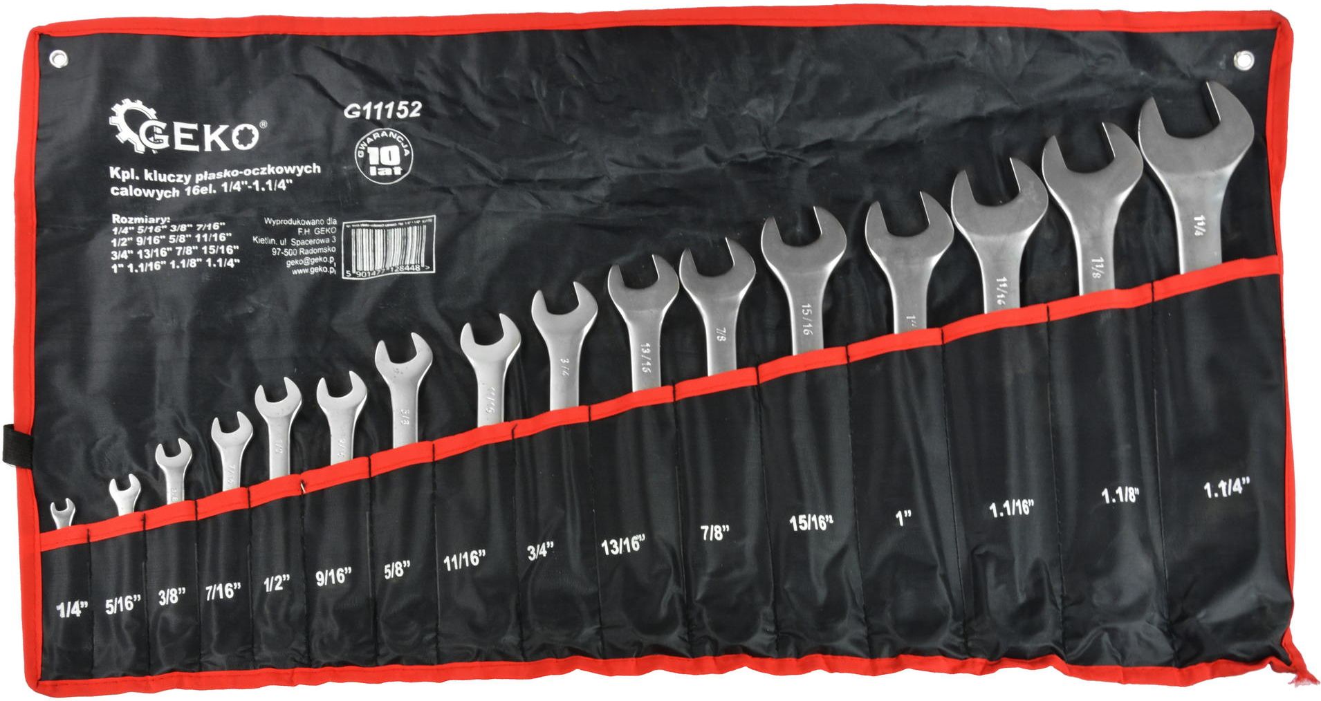 Geko Komplet kluczy płasko-oczkowych calowych 16el. 1/4"-1,1/4" (G11152)