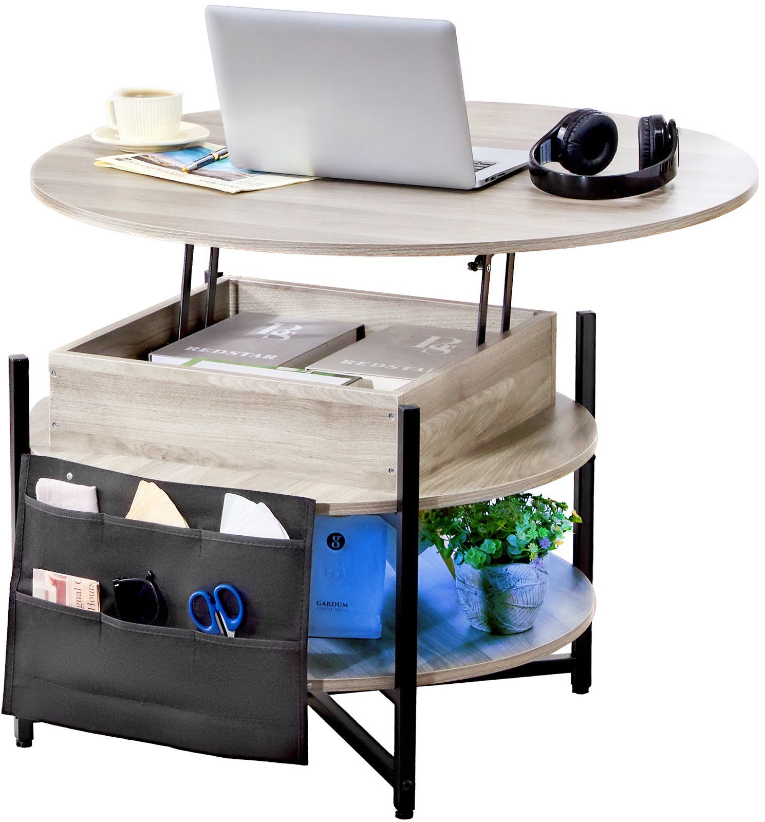 Stolik kawowy okrągły z podnoszonym blatem schowkiem 90 cm jasny