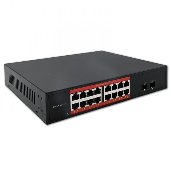 Switch niezarządzalny Qoltec przełącznik sieciowy Gigabit Ethernet PoE | 16x RJ45 | 2x SFP | 1000 Mb/s