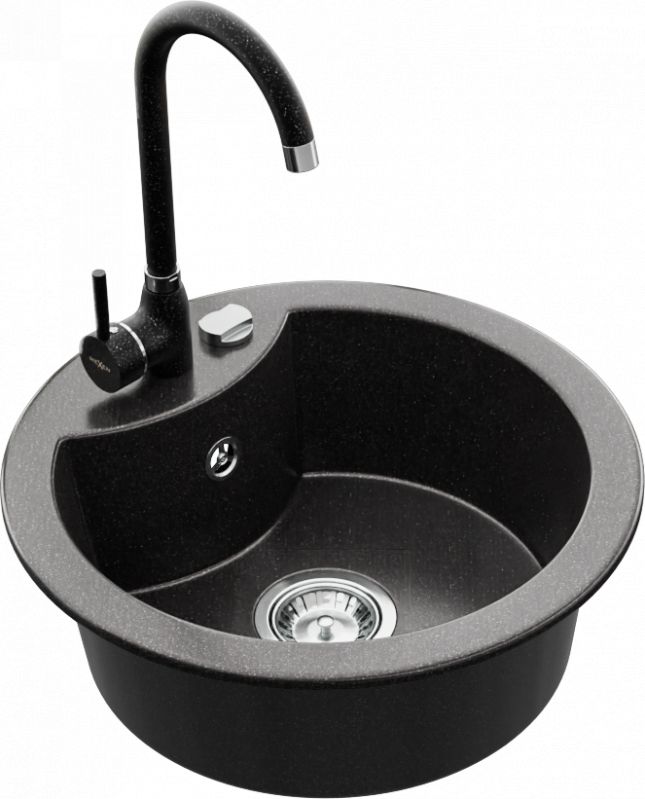 Zlewozmywak Mexen Diego granitowy 1-komorowy z baterią kuchenną Telma, czarny nakrapiany - 6512-76-670200-76