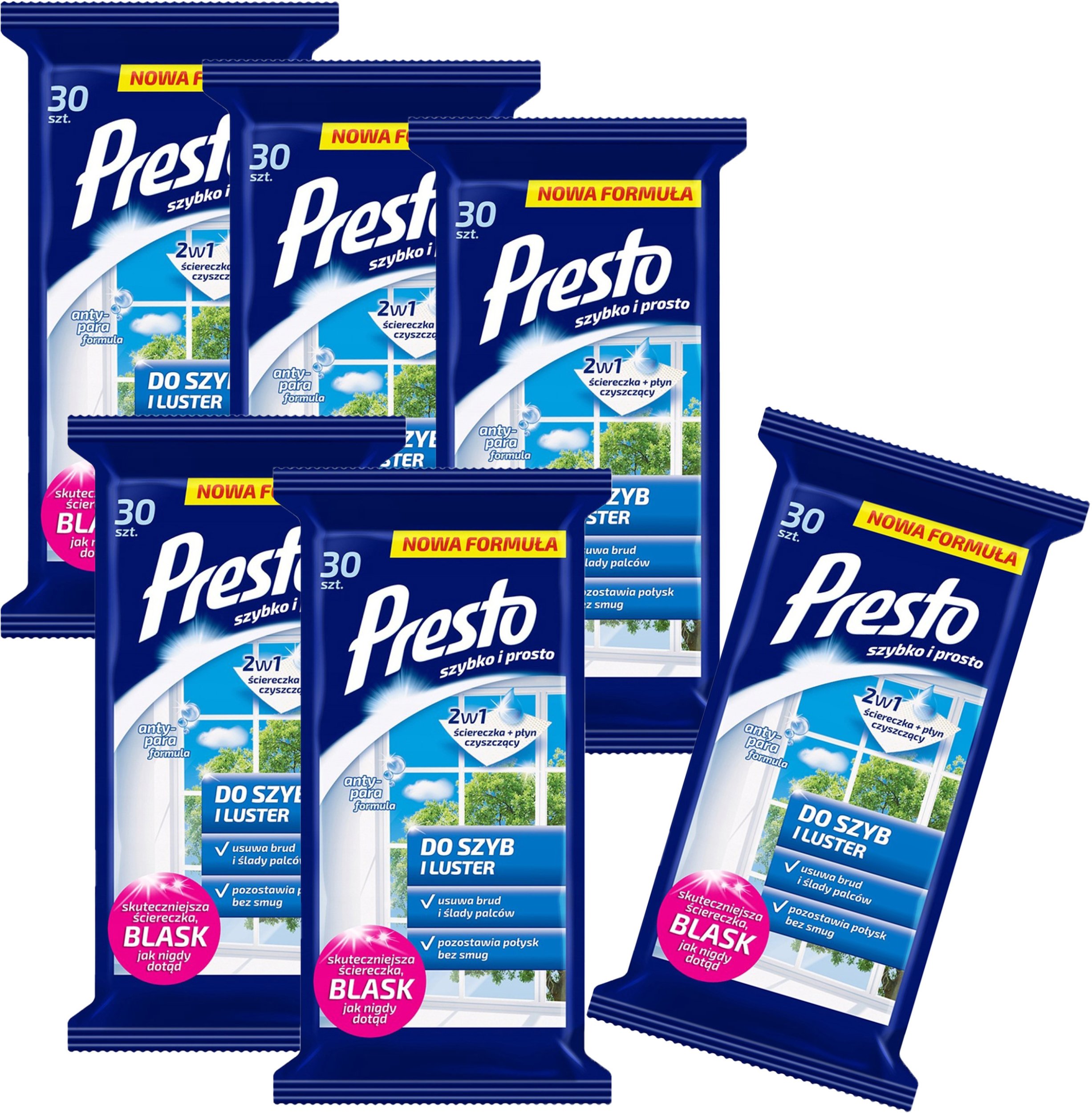 PRESTO Ściereczki do szyb i luster 30szt - Nawilżane, Antystatyczne