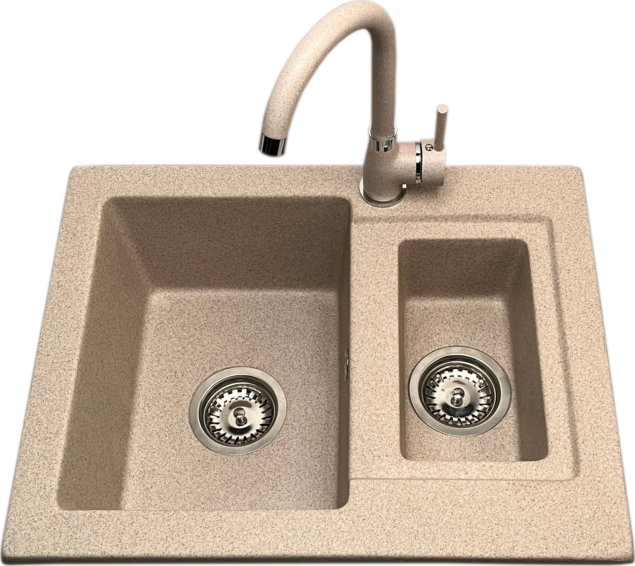 Zlewozmywak PREHNIT Zlewozmywak 1,5 komorowy GALIA beż z małą komorą po prawej stronie + bateria NOON