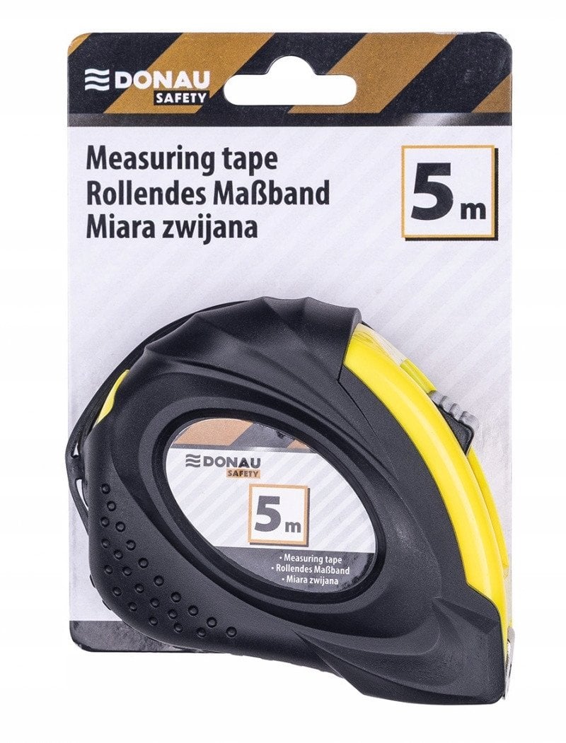 Miarka metalowa DONAU SAFETY, zwijana, 18mmx5m, blister, czarno-żółta
